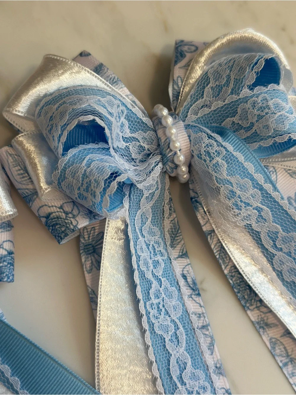 Equestrian Show Bows Shabby Chic Blue with Lace & Pearl Accent